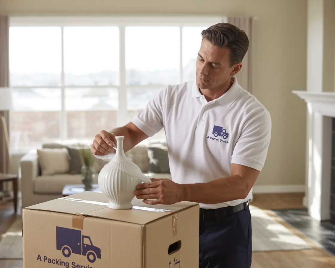Professional mover from NTL Movers carefully packing items into a box
